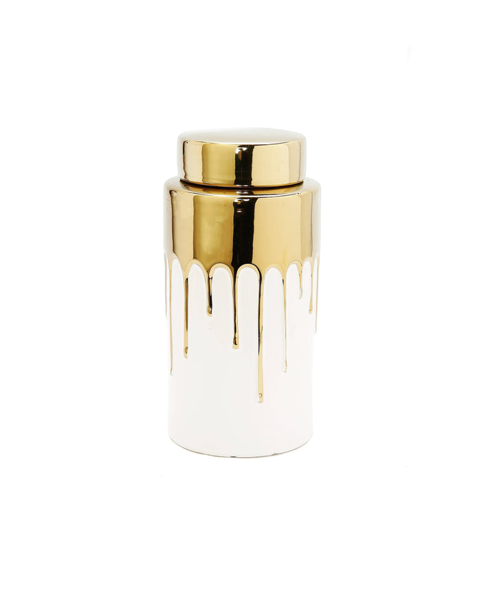 Chic Collective short white ceramic jar with gold lid and dripping gold glaze design. Measures 3.75"D x 7.8"H.