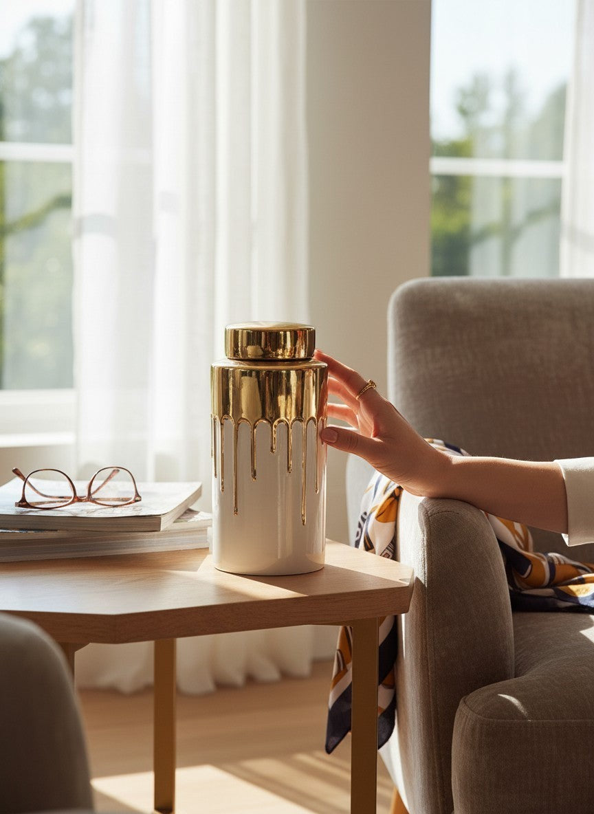Chic Collective tall white ceramic jar with gold lid and dripping gold accent design.