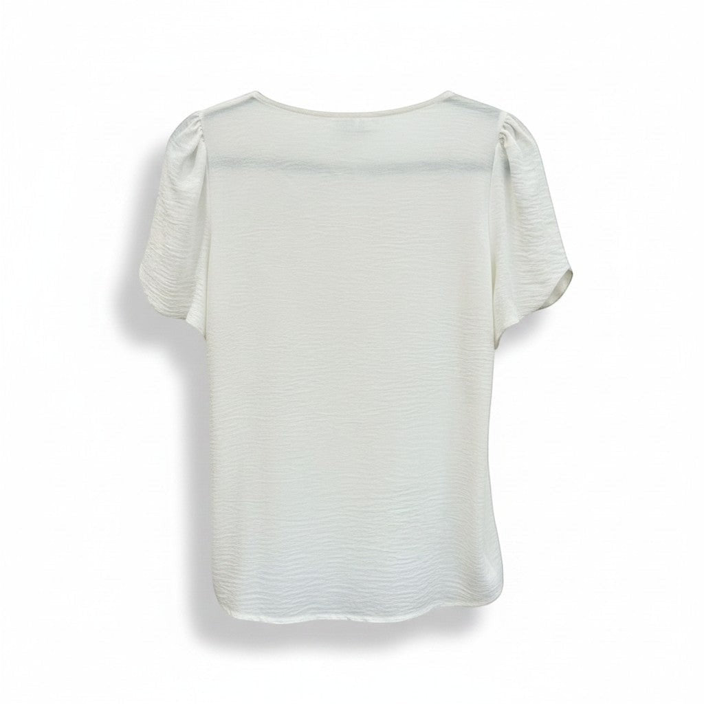 Chic Collective white ivory woven blouse with short puffed sleeves and a textured finish.
