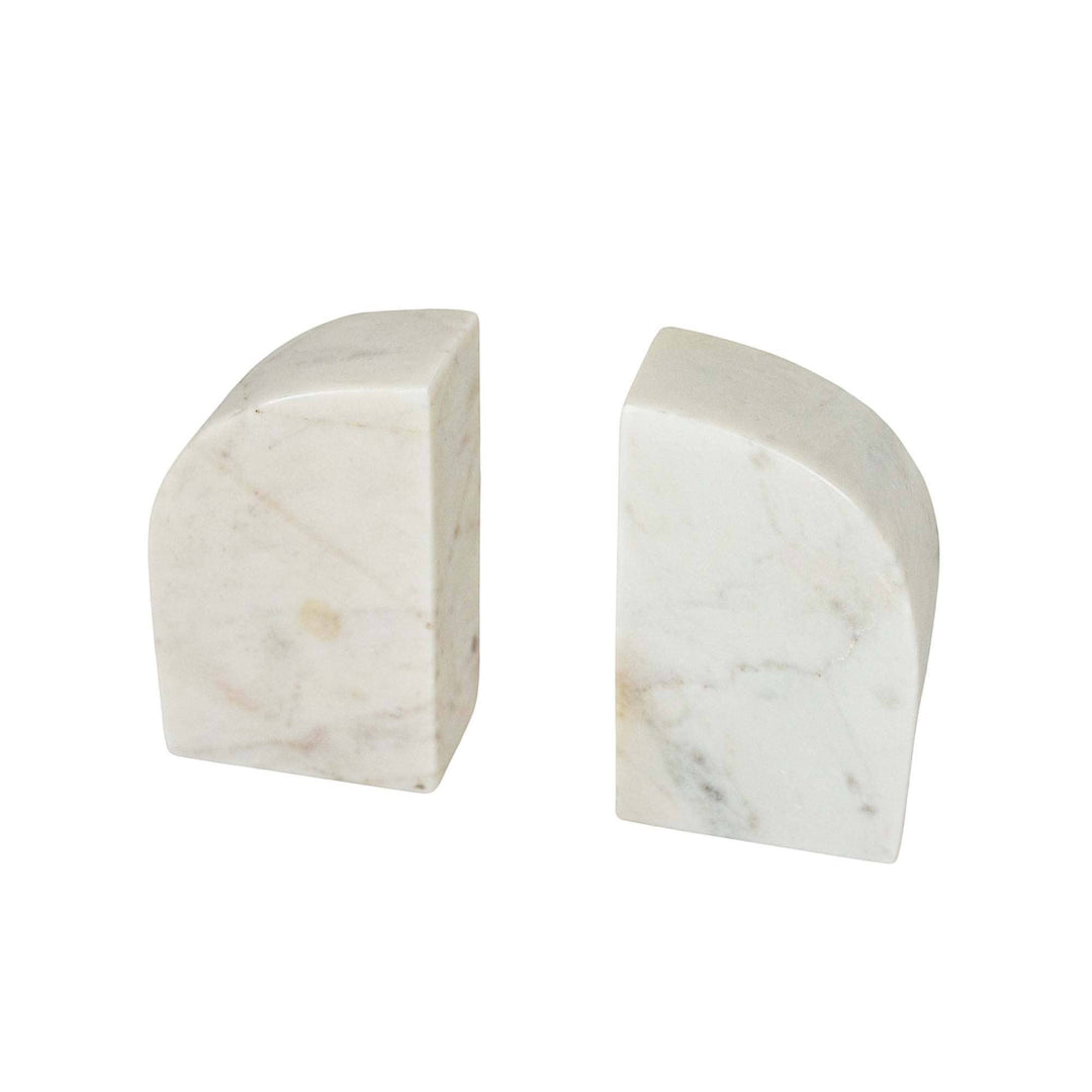Chic Collective white marble arch bookends with unique veining. Set of 2, solid marble, functional and decorative.
