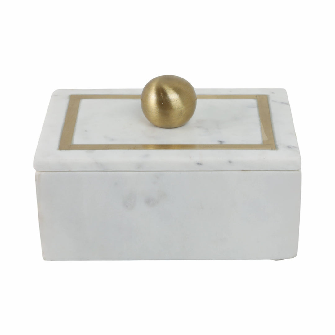 Chic Collective white marble rectangular box with gold knob and brass inlay, 7x5 in. Modern decorative storage for jewelry or trinkets.