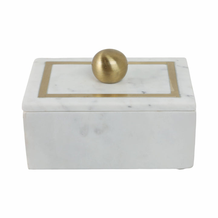 Chic Collective white marble rectangular box with gold knob and brass inlay, 7x5 in. Modern decorative storage for jewelry or trinkets.