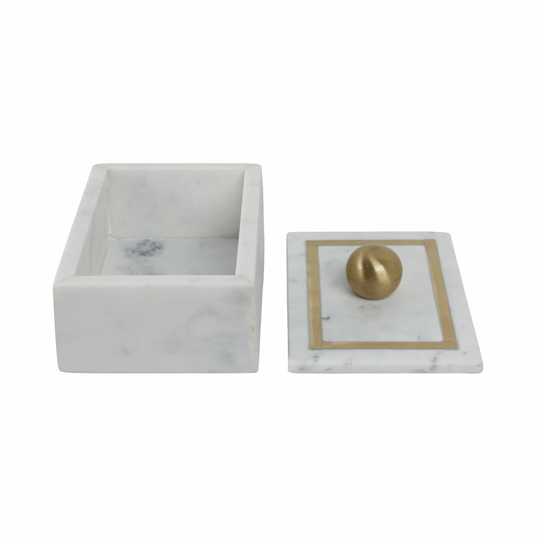 Chic Collective white marble rectangular box with gold knob and brass inlay, perfect for desk or vanity storage.