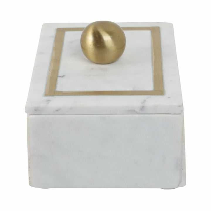 Chic Collective white marble rectangular box with gold knob and brass inlay, perfect for jewelry or trinkets.