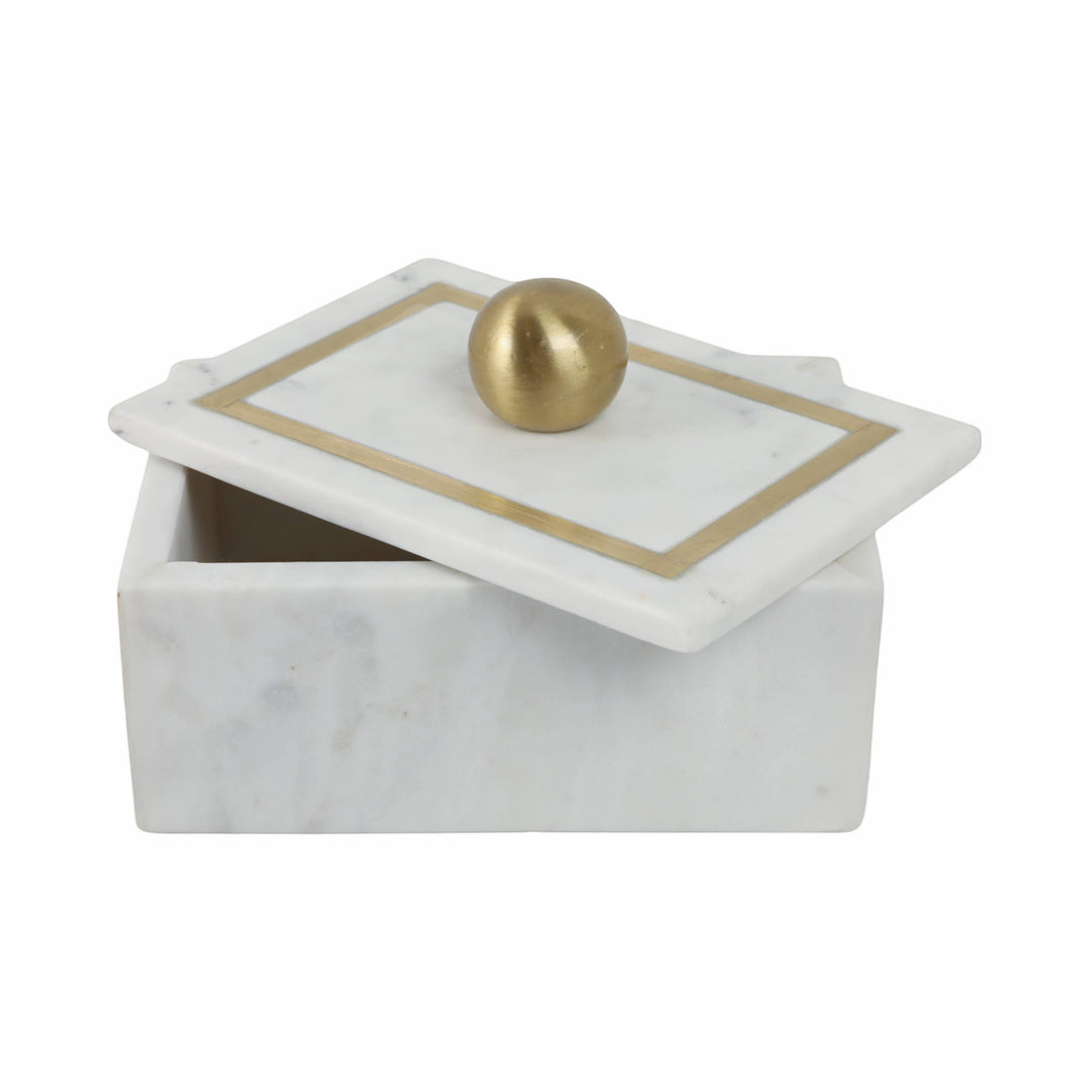 Chic Collective white marble rectangular box with gold knob and brass inlay, 7x5 in.