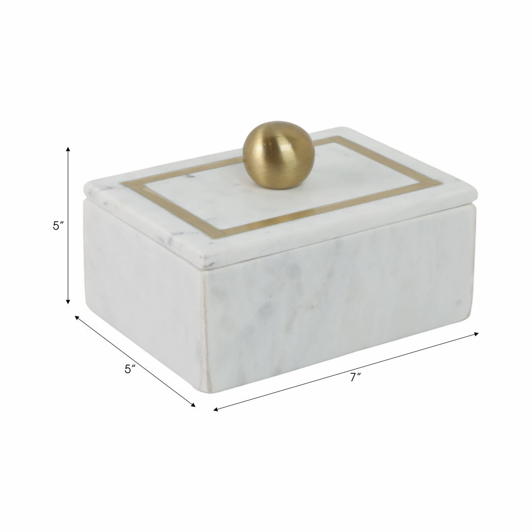 Chic Collective white marble rectangular storage box with gold knob and decorative border, 7x5 inches.
