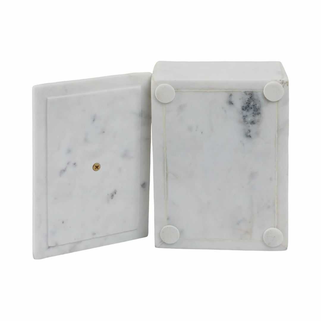 Chic Collective white marble rectangular storage box with gold knob, 7x5 in. Modern design for desk or vanity.