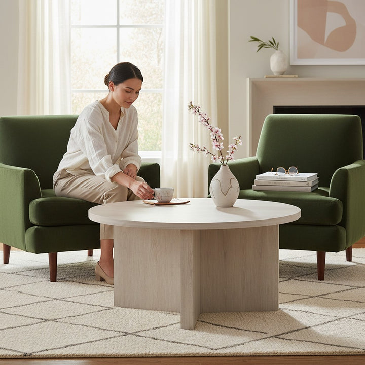Chic Collective 32-inch round white manufactured wood coffee table with a modern, minimalist design. A woman sits nearby, holding a teacup.
