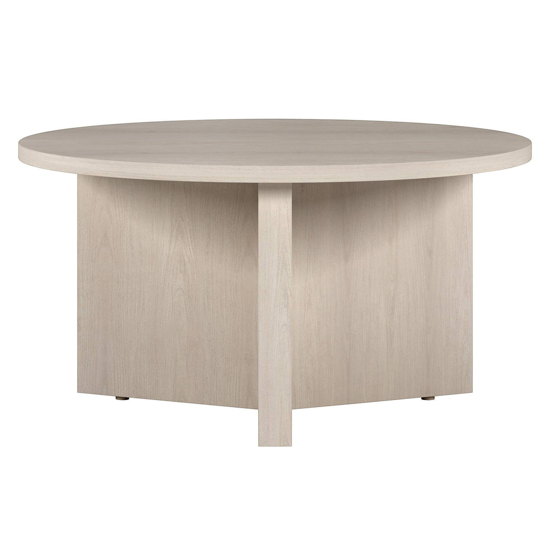 Chic Collective 32-inch round white manufactured wood coffee table with a minimalist design and sturdy construction.