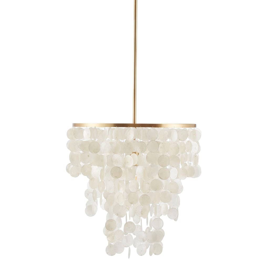 Chic Collective white shell chandelier with gold base, featuring a draped shell shade and elegant design. Perfect for living rooms or bedrooms.