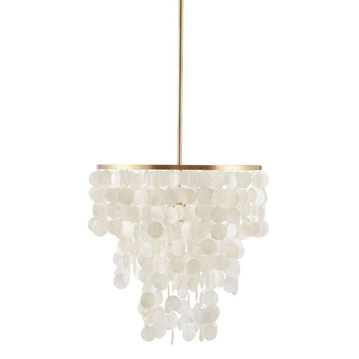 Chic Collective white shell chandelier with gold base, featuring a draped shell shade and elegant design. Perfect for living rooms or bedrooms.
