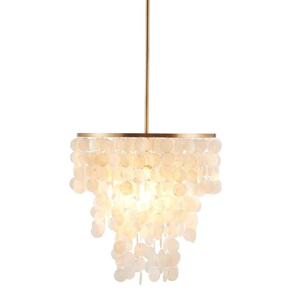Chic Collective white shell chandelier with gold base, featuring a draped shell design and tiered cascading capiz shells.