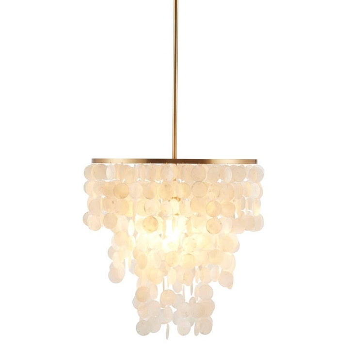 Chic Collective white shell chandelier with gold base, featuring a draped shell design and tiered cascading capiz shells.