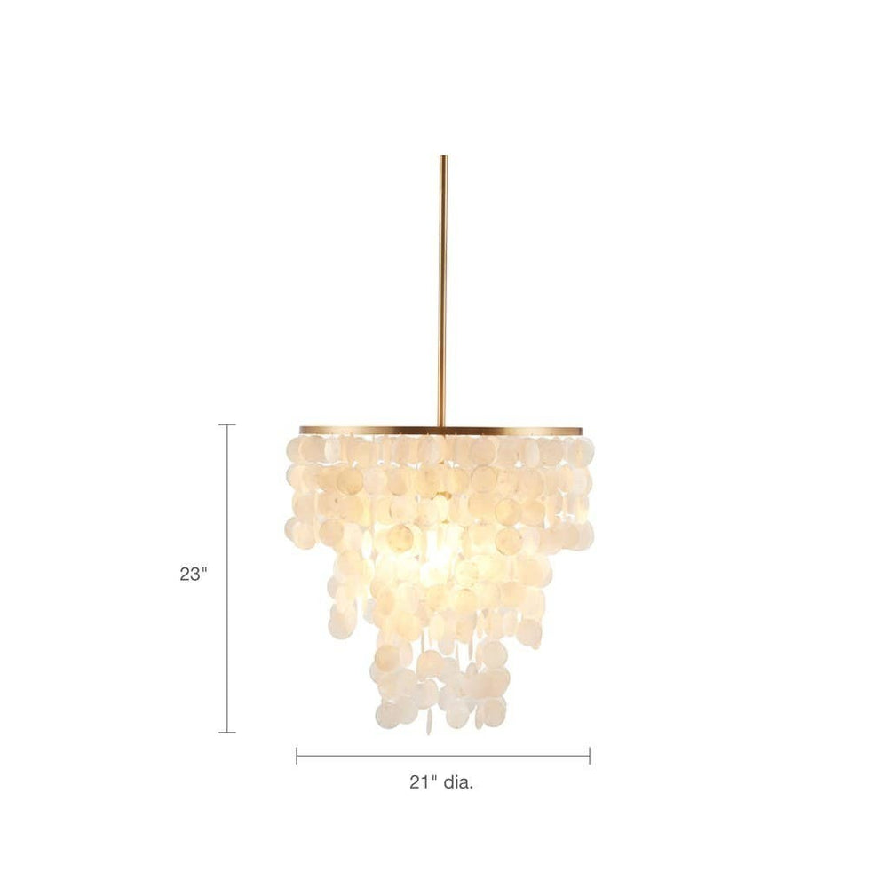 Chic Collective white shell drape chandelier with gold base, 21" dia. x 23" shade height.