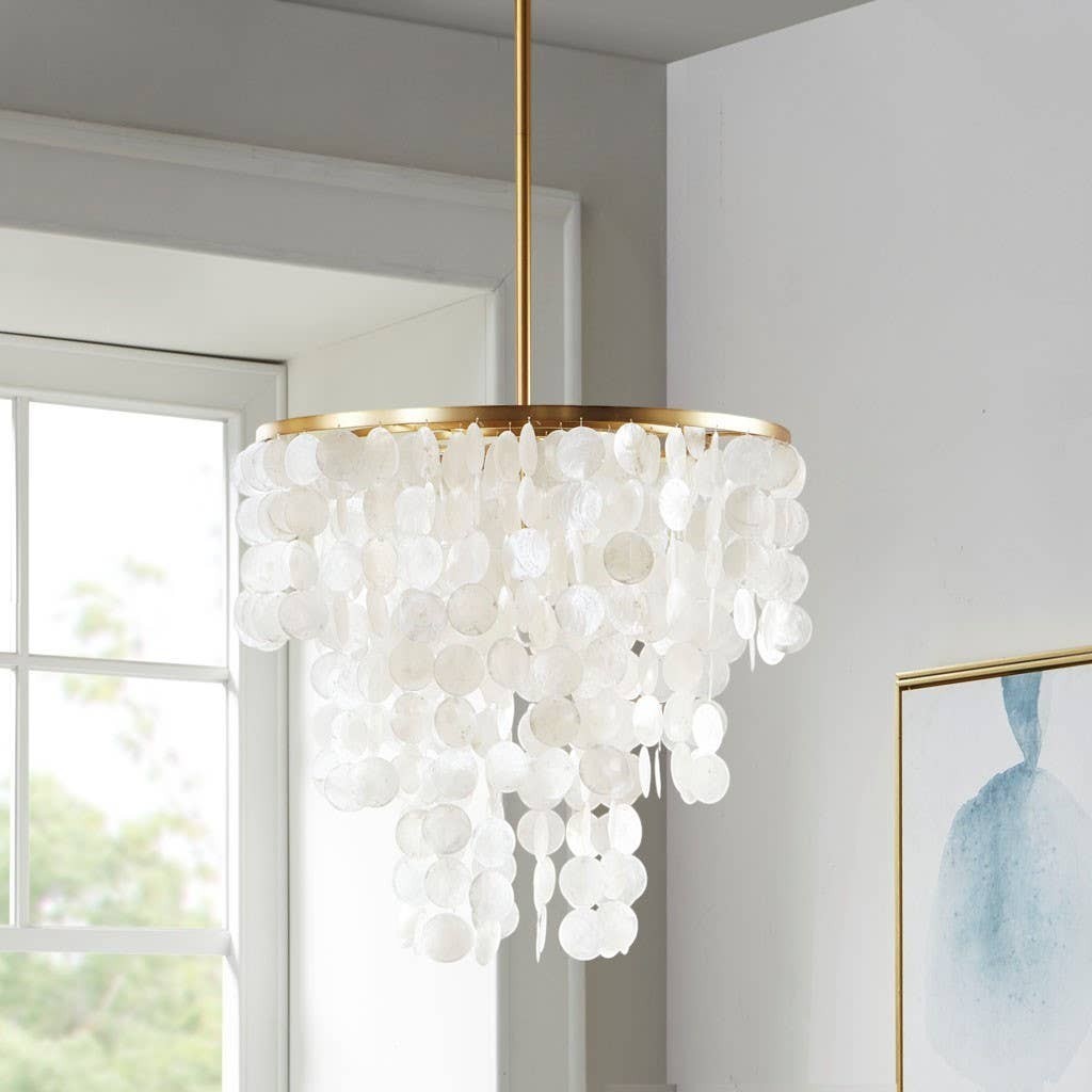 Chic Collective white shell drape chandelier with gold base, elegant lighting for living room or bedroom.