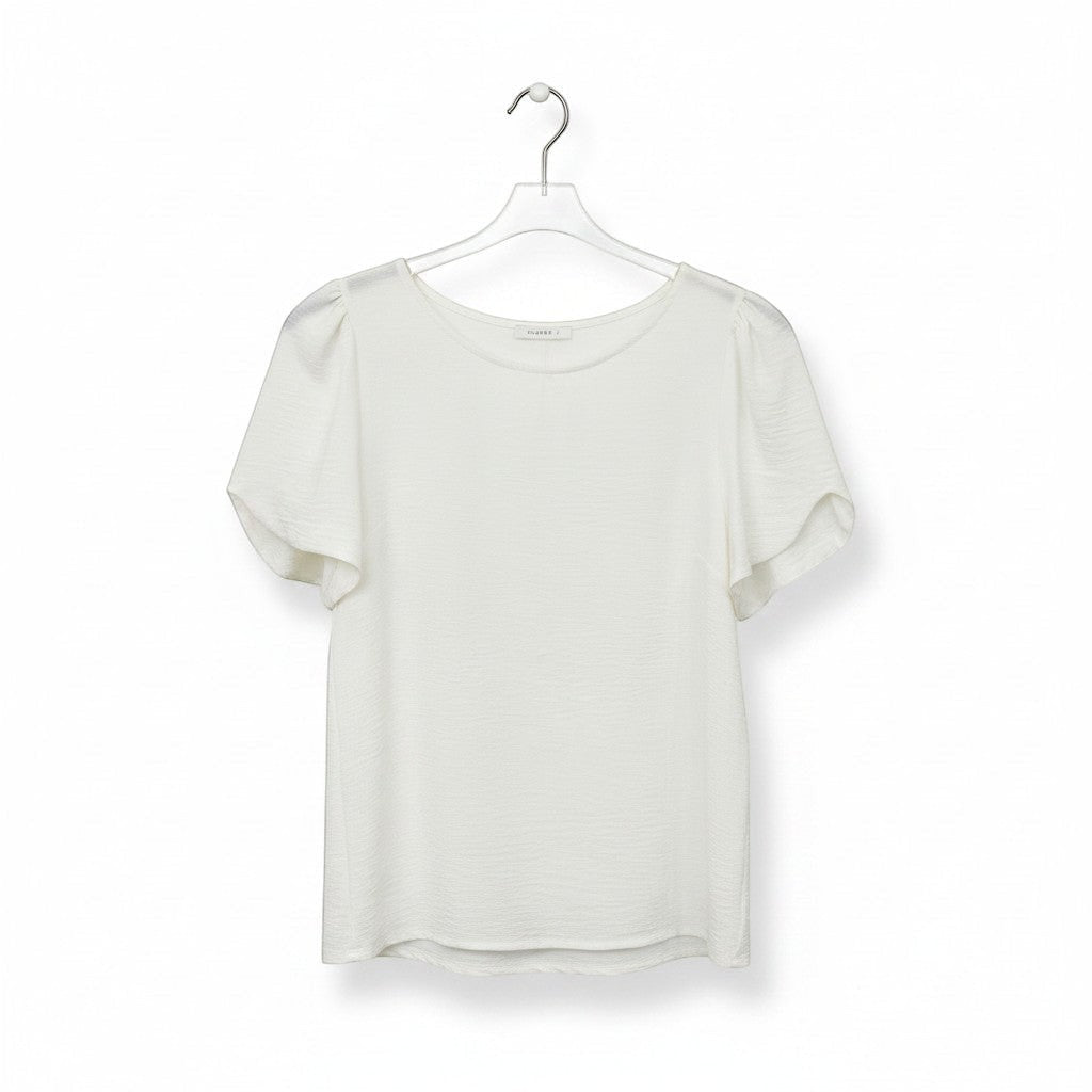 Chic Collective white ivory woven blouse with short flutter sleeves and a crew neck, perfect for casual or formal wear.