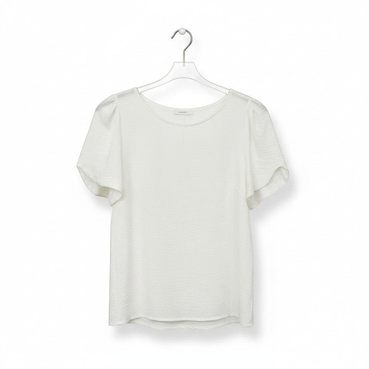 Chic Collective white ivory woven blouse with short flutter sleeves and a crew neck, perfect for casual or formal wear.