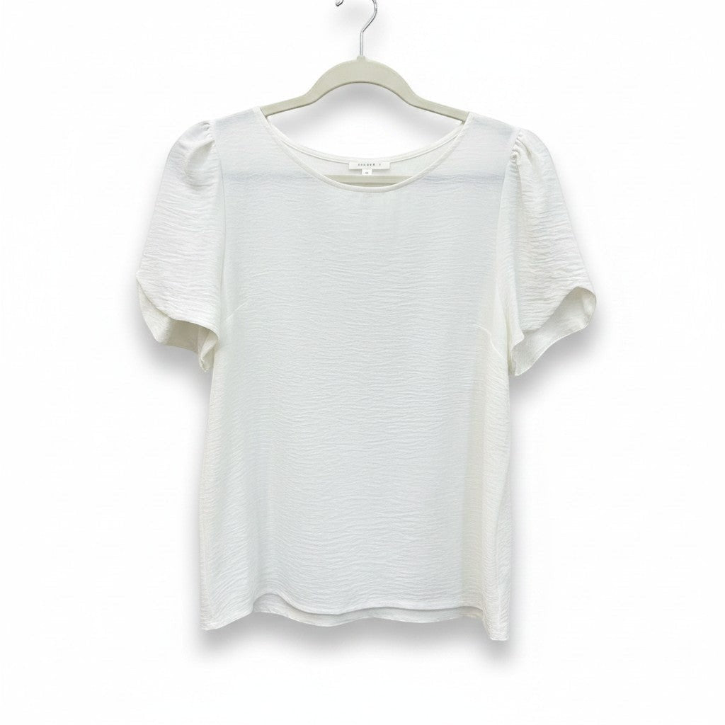 Chic Collective white ivory woven blouse with short puffed sleeves and a textured finish.