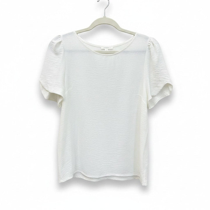 Chic Collective white ivory woven blouse with short puffed sleeves and a textured finish.