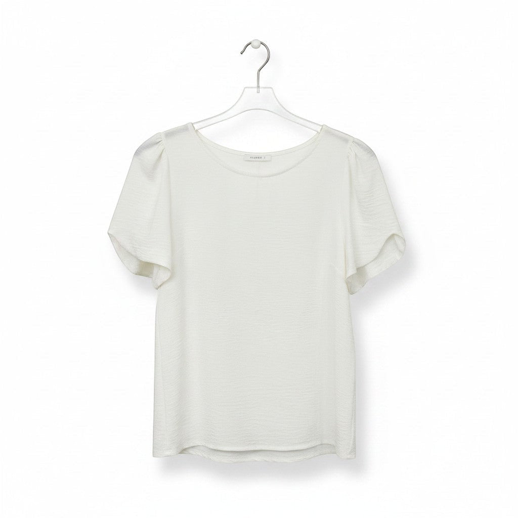 Chic Collective white ivory woven blouse with short flutter sleeves and a crew neck, perfect for versatile styling.