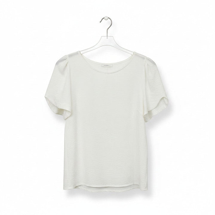 Chic Collective white ivory woven blouse with short flutter sleeves and a crew neck, perfect for versatile styling.