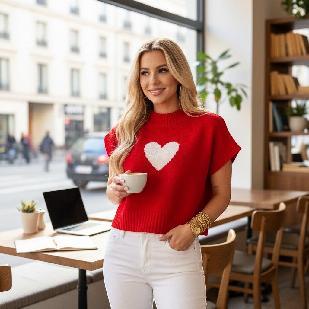 Chic Collective red knit sweater vest with white heart graphic, short sleeves, mock neck, size M.