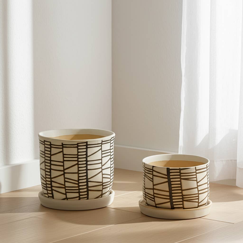 Beige 6/8 in. Round Geometric Planter with Saucer