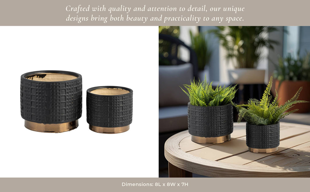 Black 5/7 in. Ceramic Round Mesh Metallic Planter (Set of 2)
