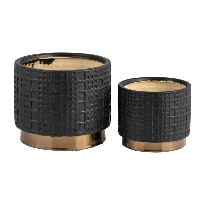 Black 5/7 in. Ceramic Round Mesh Metallic Planter (Set of 2)