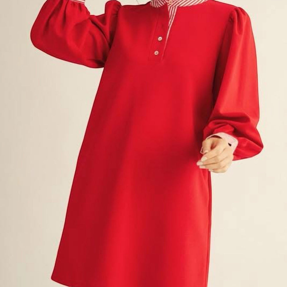 Chic Collective red dress with red and white striped collar and cuffs, long puff sleeves, and button detail.
