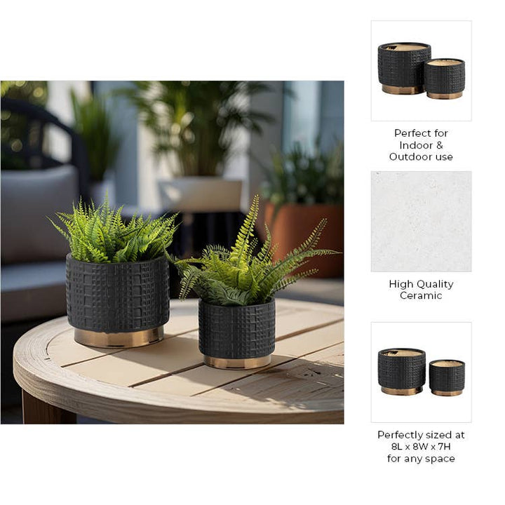 Black 5/7 in. Ceramic Round Mesh Metallic Planter (Set of 2)