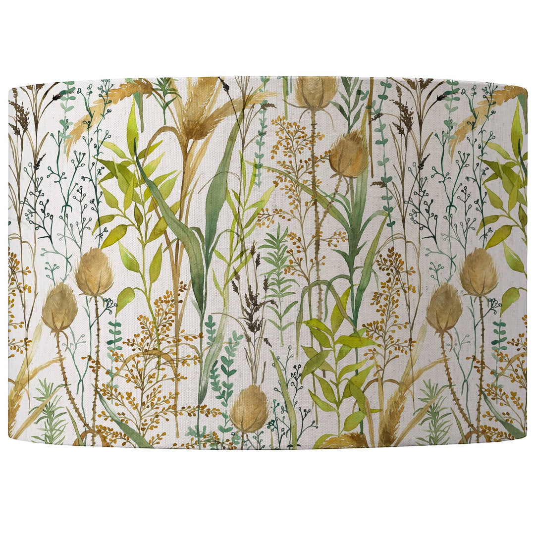 Chic Collective Lydiard Eva lamp shade with a watercolour print of British meadow flora in green and tan on linen fabric.
