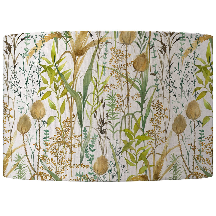 Chic Collective Lydiard Eva lamp shade with a watercolour print of British meadow flora in green and tan on linen fabric.