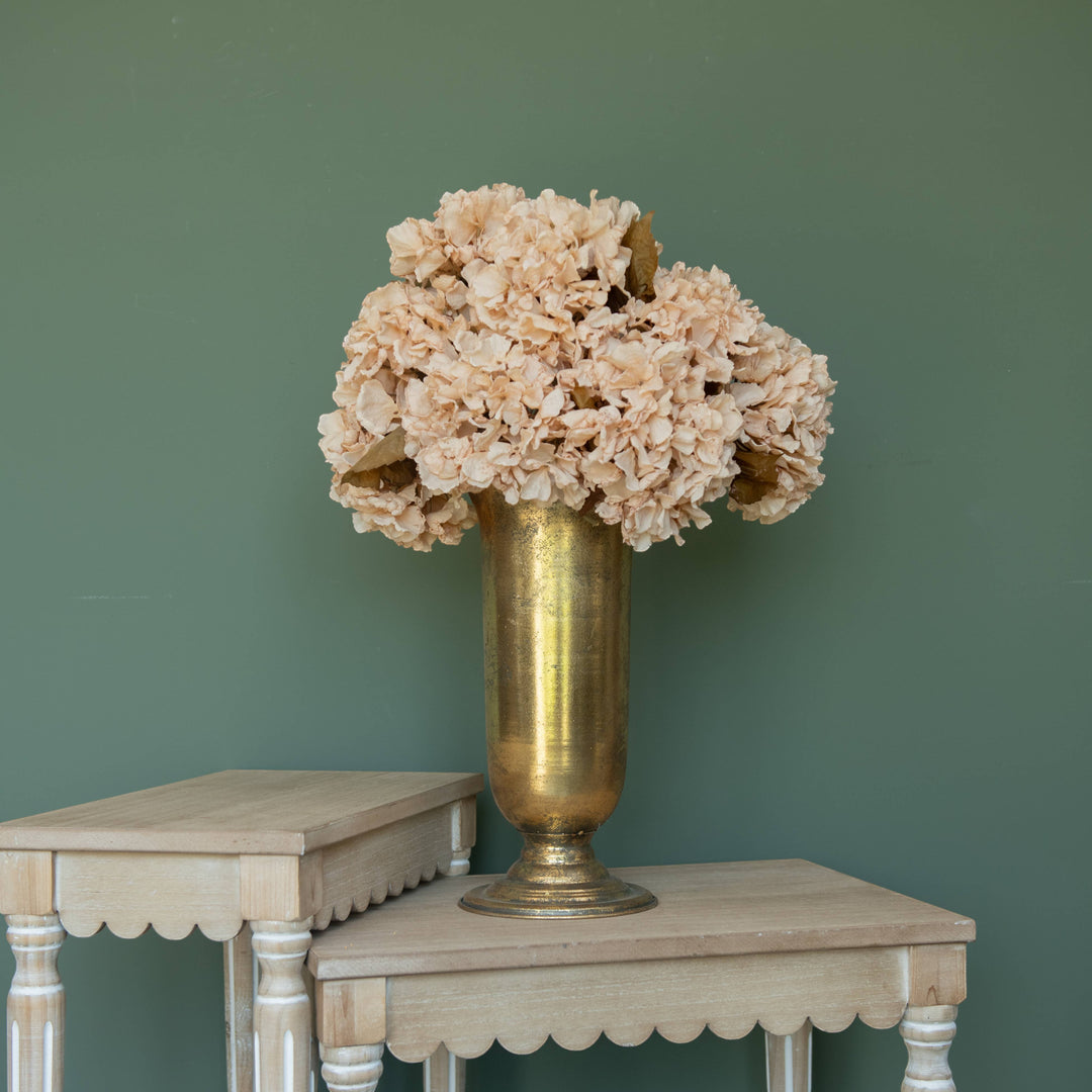 Chic Collective 24" beige hydrangea spray in a gold vase, perfect for tabletop decor.