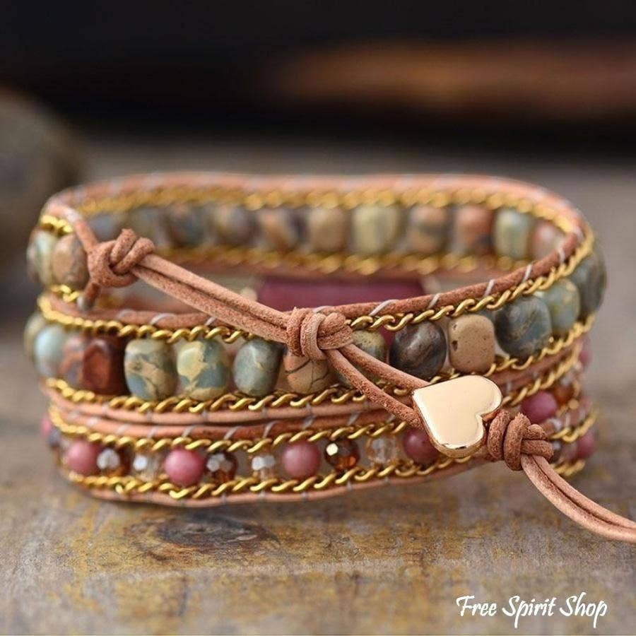 Rhodonite &amp; Jasper Heart Wrap Bracelet, Boho Beaded Strap