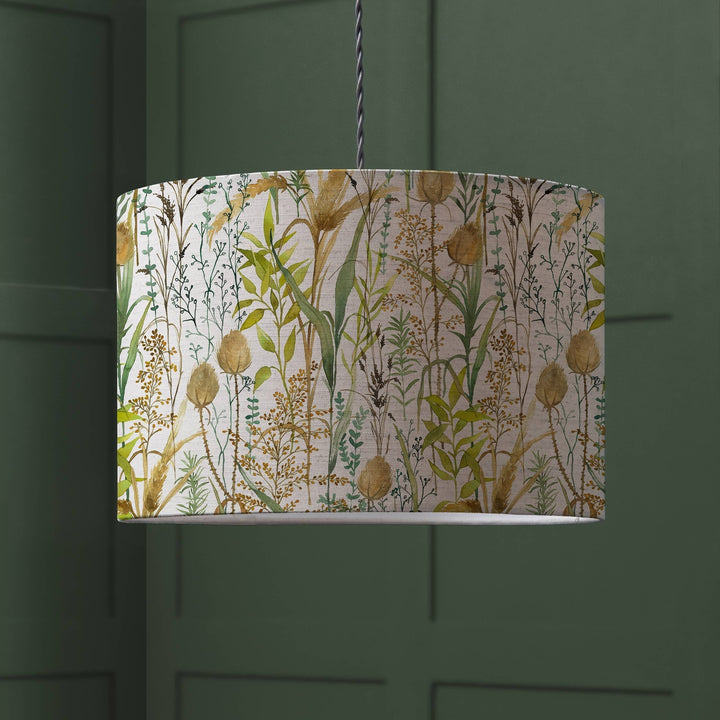 Chic Collective Lydiard Eva linen lampshade with a watercolour print of British meadow flora and fauna in green and beige tones.