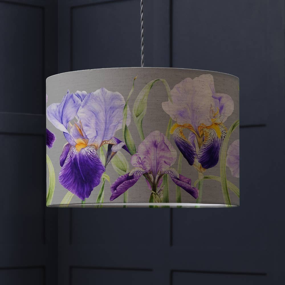 Chic Collective Elva Eva lampshade in damson purple with an Iris watercolour design on natural fabric.