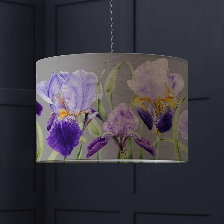 Chic Collective Elva Eva lampshade in damson purple with an Iris watercolour design on natural fabric.
