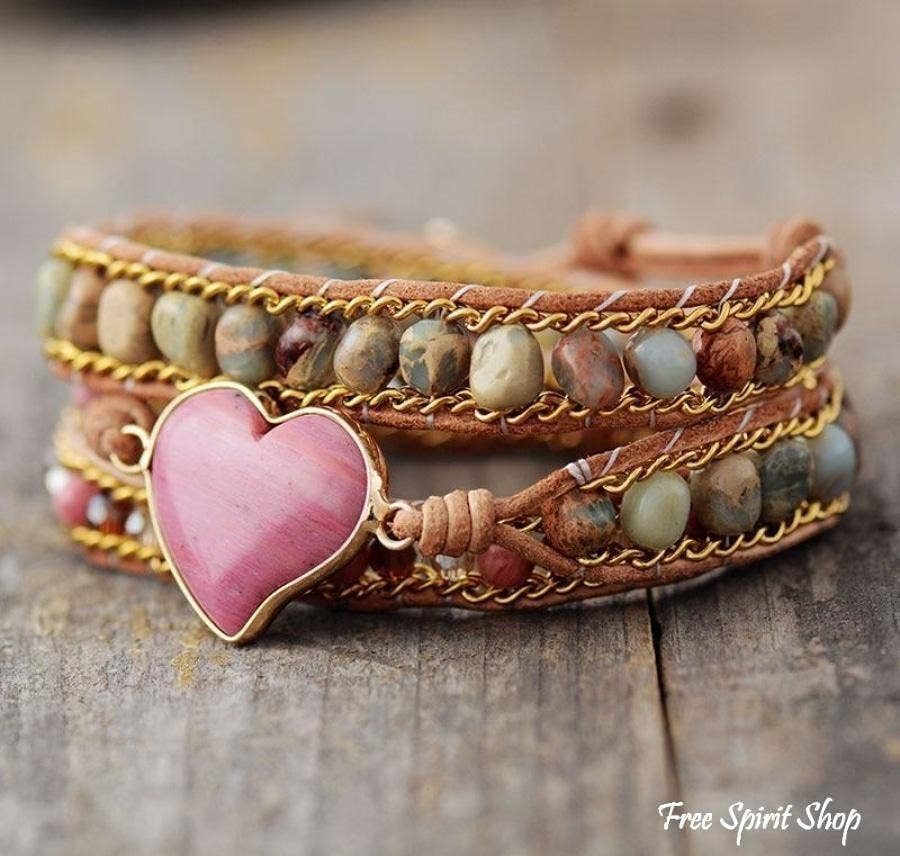 Rhodonite &amp; Jasper Heart Wrap Bracelet, Boho Beaded Strap